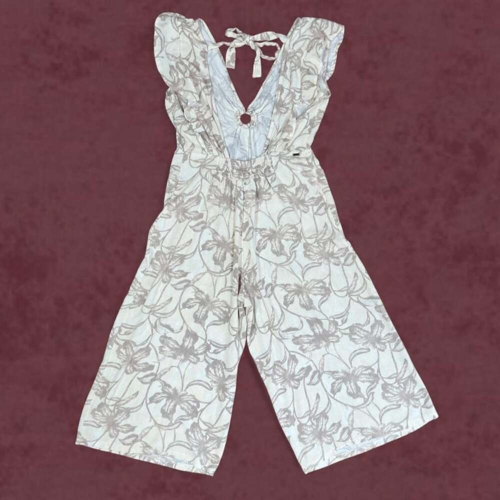 O'Neill Floral Wide Leg Jumpsuit Large Cream Tan O-Ring Back Tie